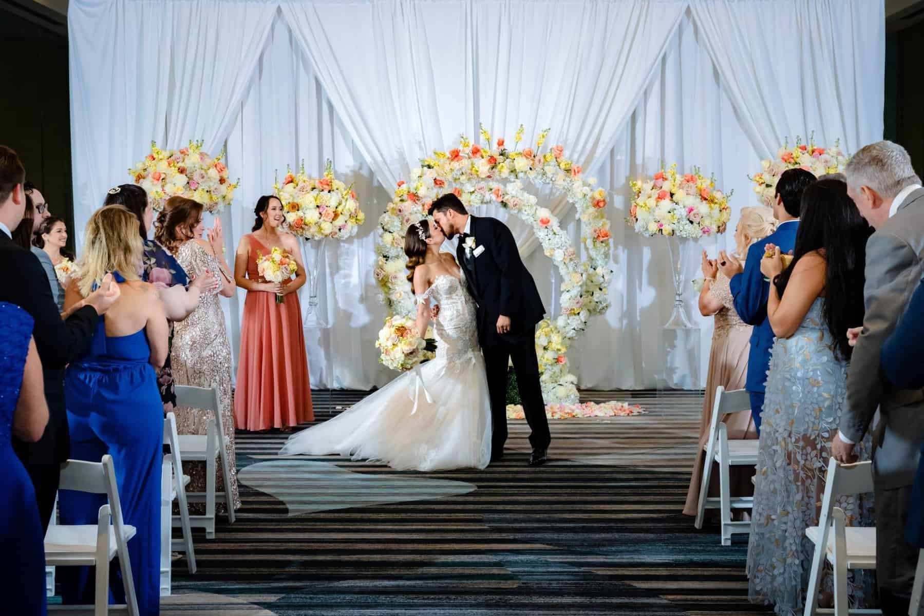 Bride and groom's first kiss as husband and wife