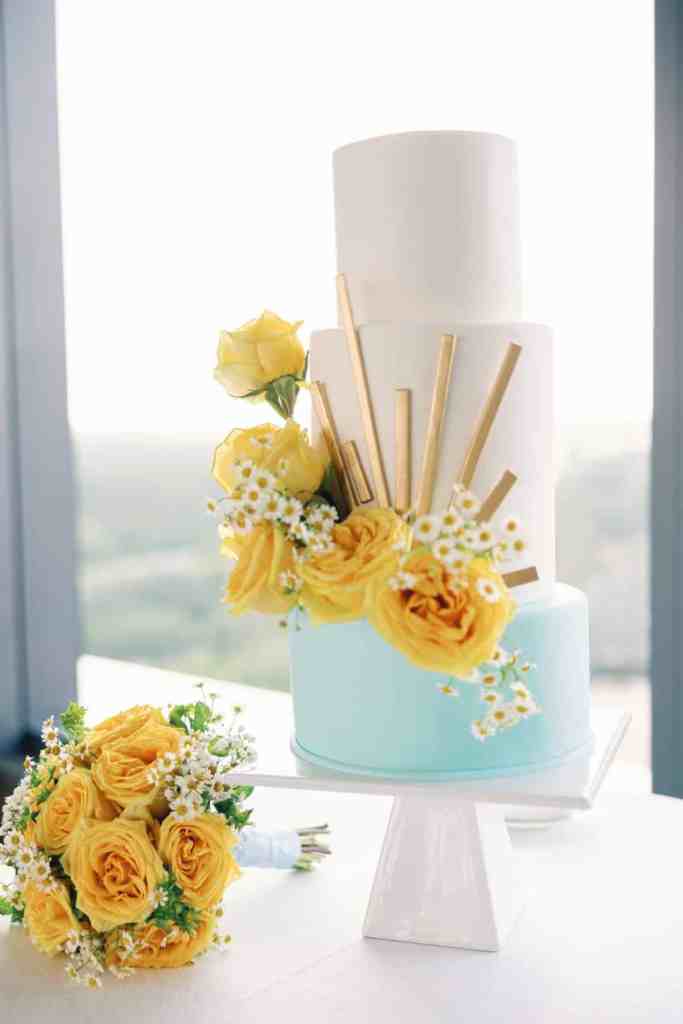 Three-Tiered Yellow and Aqua Wedding Cake