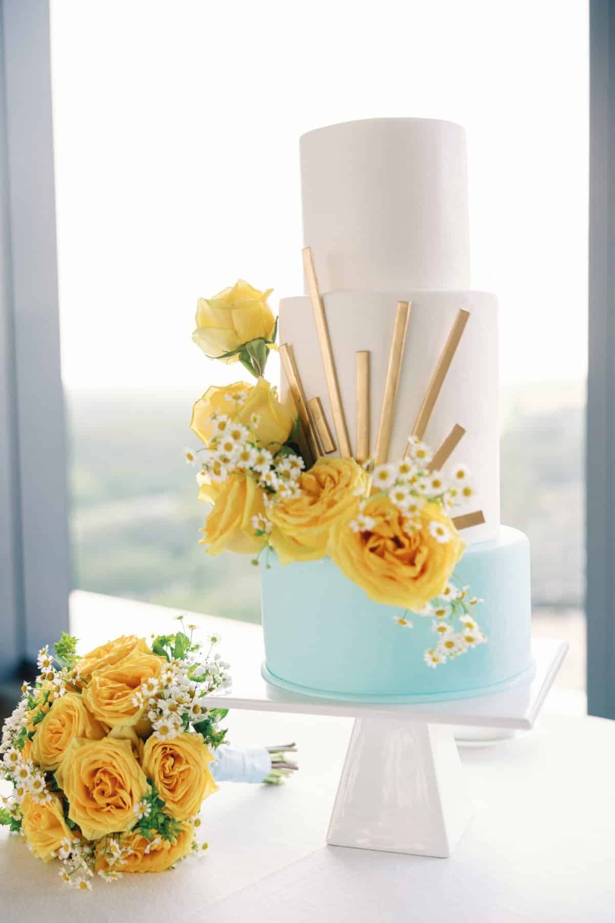 Three-Tiered Yellow and Aqua Wedding Cake