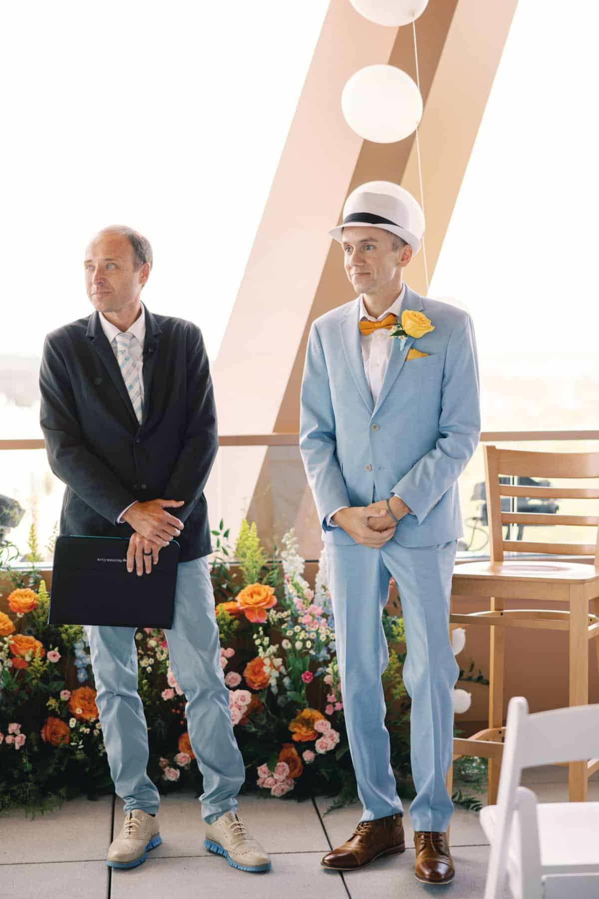 Wedding ceremony on the WDW Swan Reserve's Vue Terrace - Groom waiting
