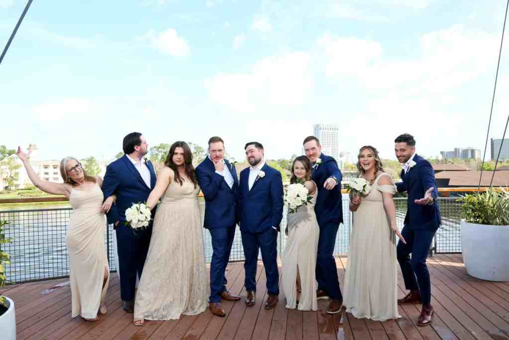 Wedding party portraits at Paddlefish Disney Springs