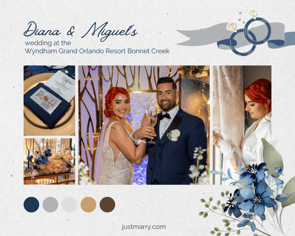 Pinterest pin for a blue, white, and gold wedding