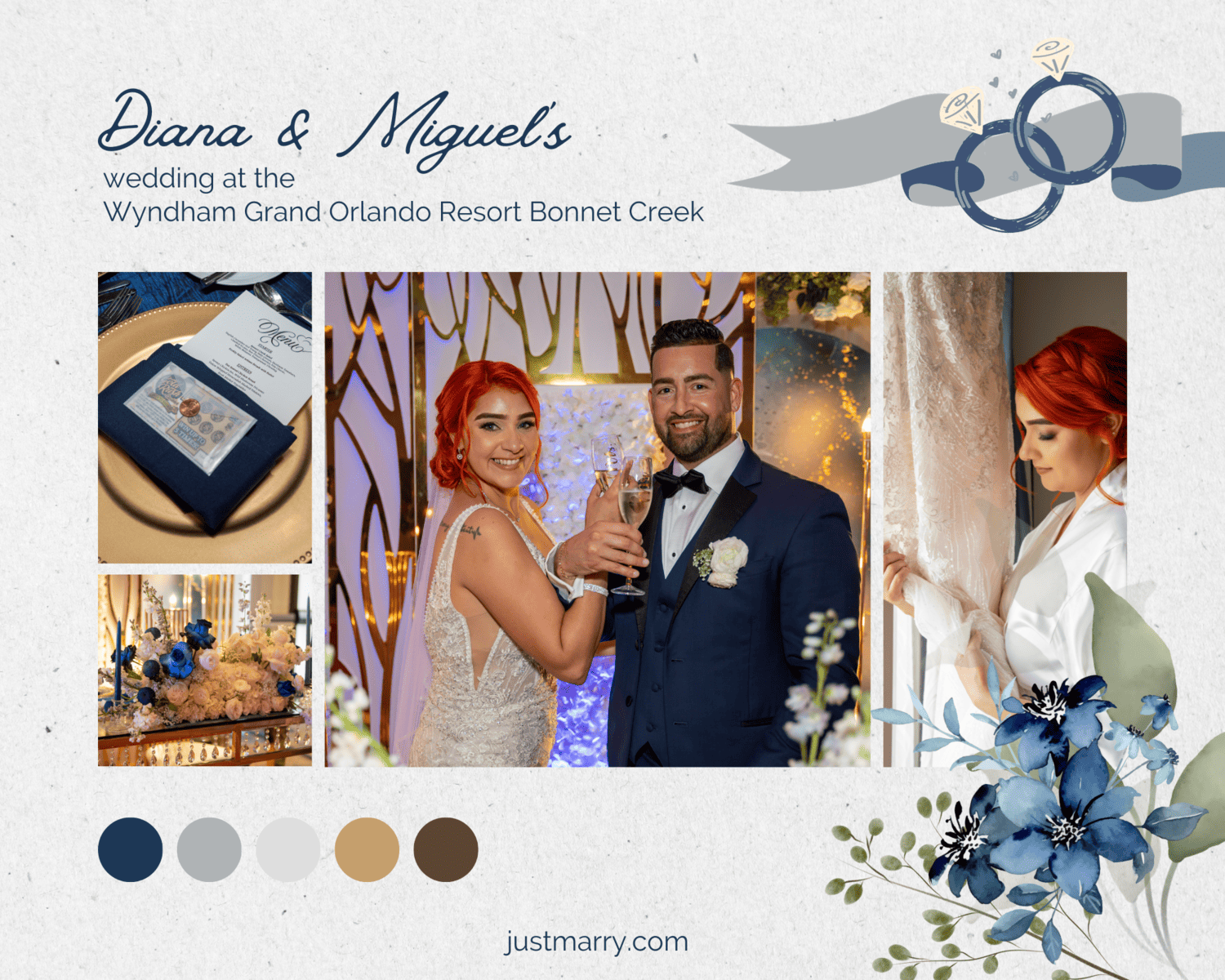 Pinterest pin for a blue, white, and gold wedding