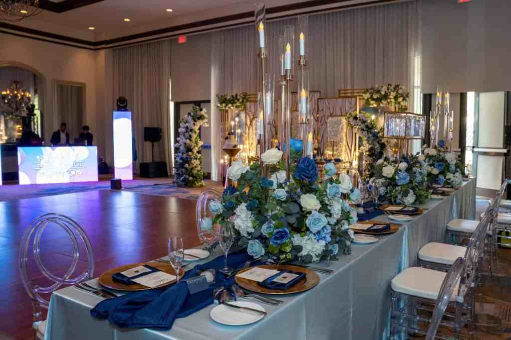 Blue and gold wedding reception at Wyndham Grand Orlando Resort Bonnet Creek