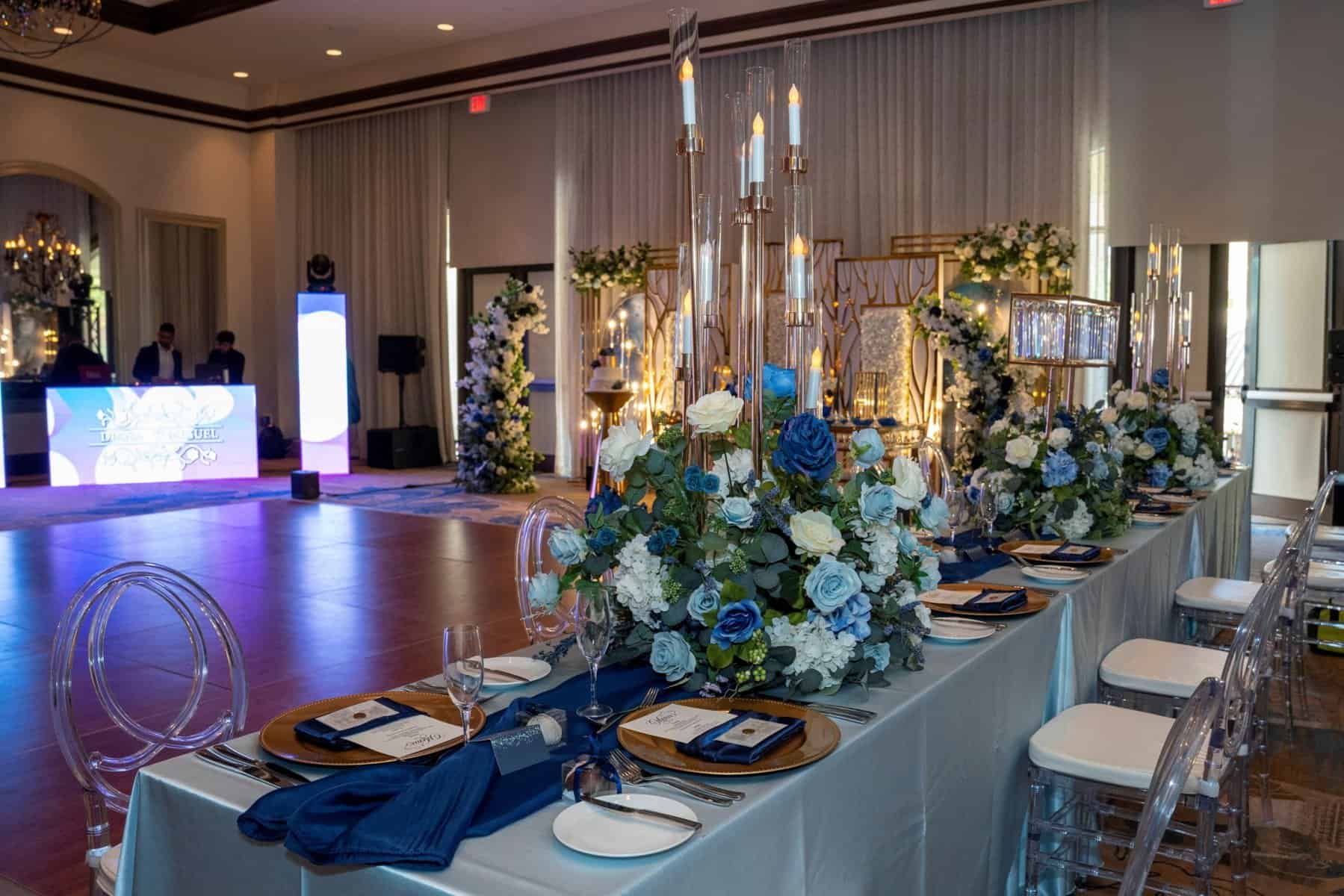 Blue and gold wedding reception at Wyndham Grand Orlando Resort Bonnet Creek