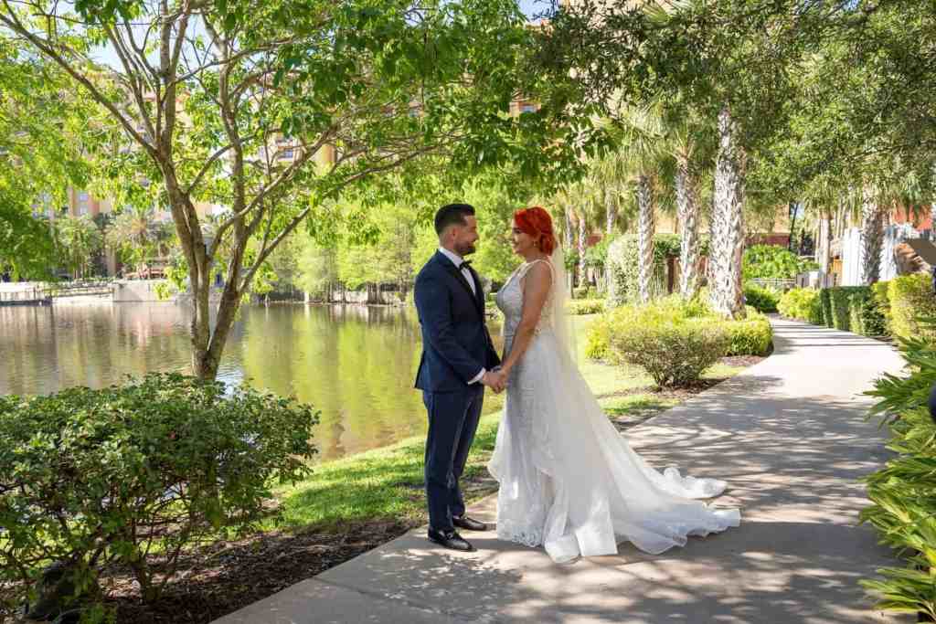 Bride and groom first look at Wyndham Grand Orlando Resort Bonnet Creek