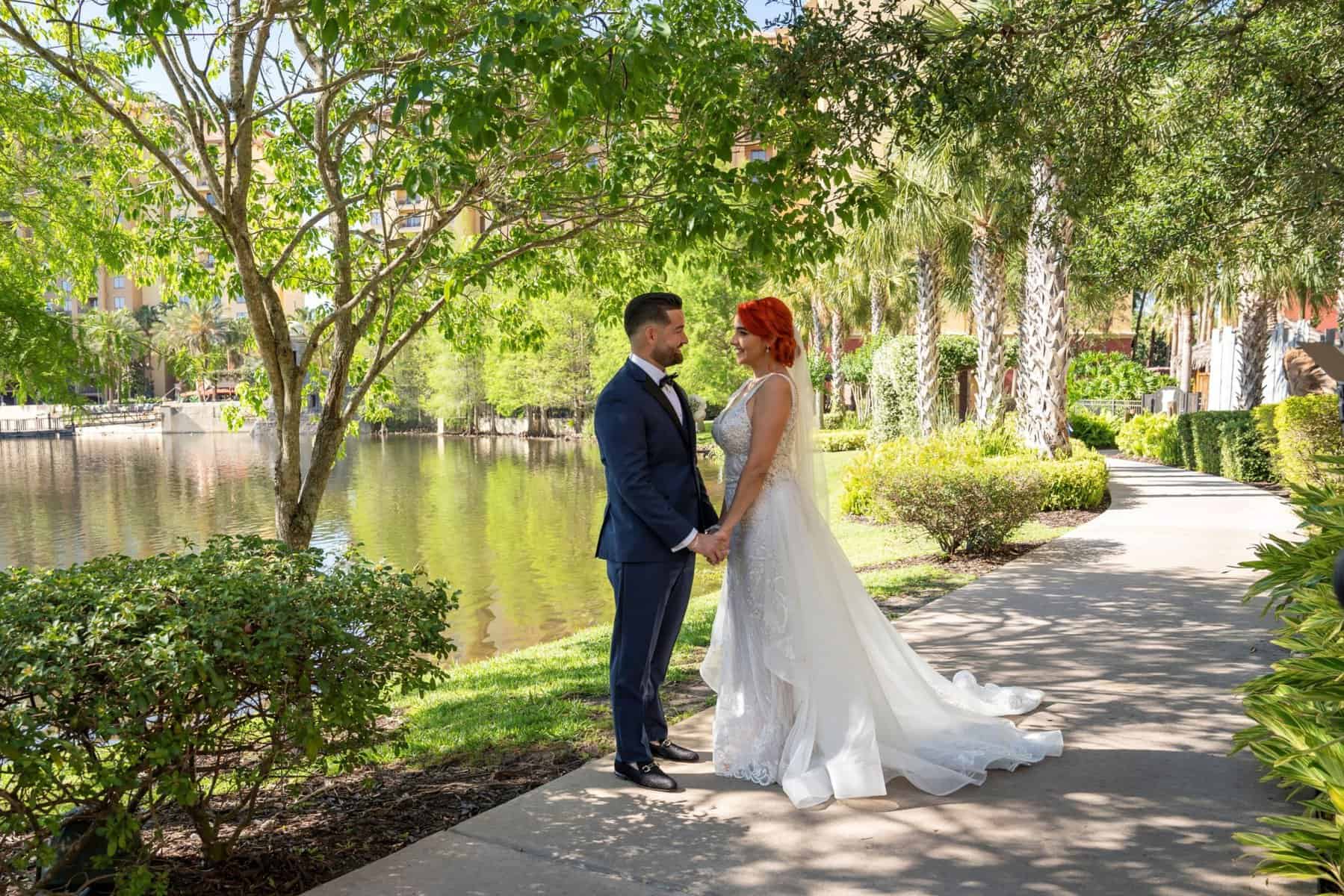 Bride and groom first look at Wyndham Grand Orlando Resort Bonnet Creek