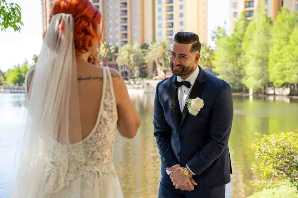 Bride and groom first look at Wyndham Grand Orlando Resort Bonnet Creek