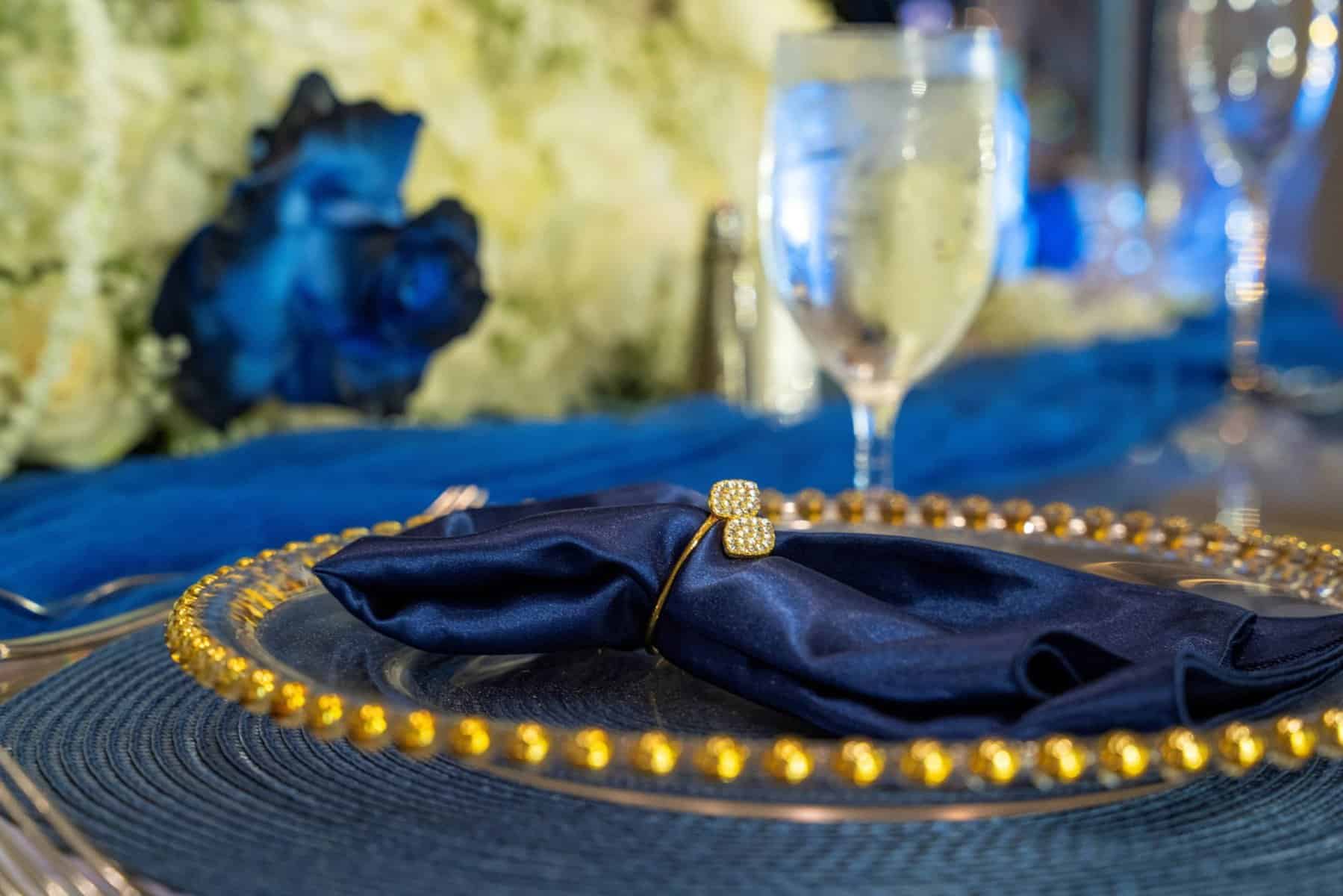 Blue and gold wedding reception at Wyndham Grand Orlando Resort Bonnet Creek