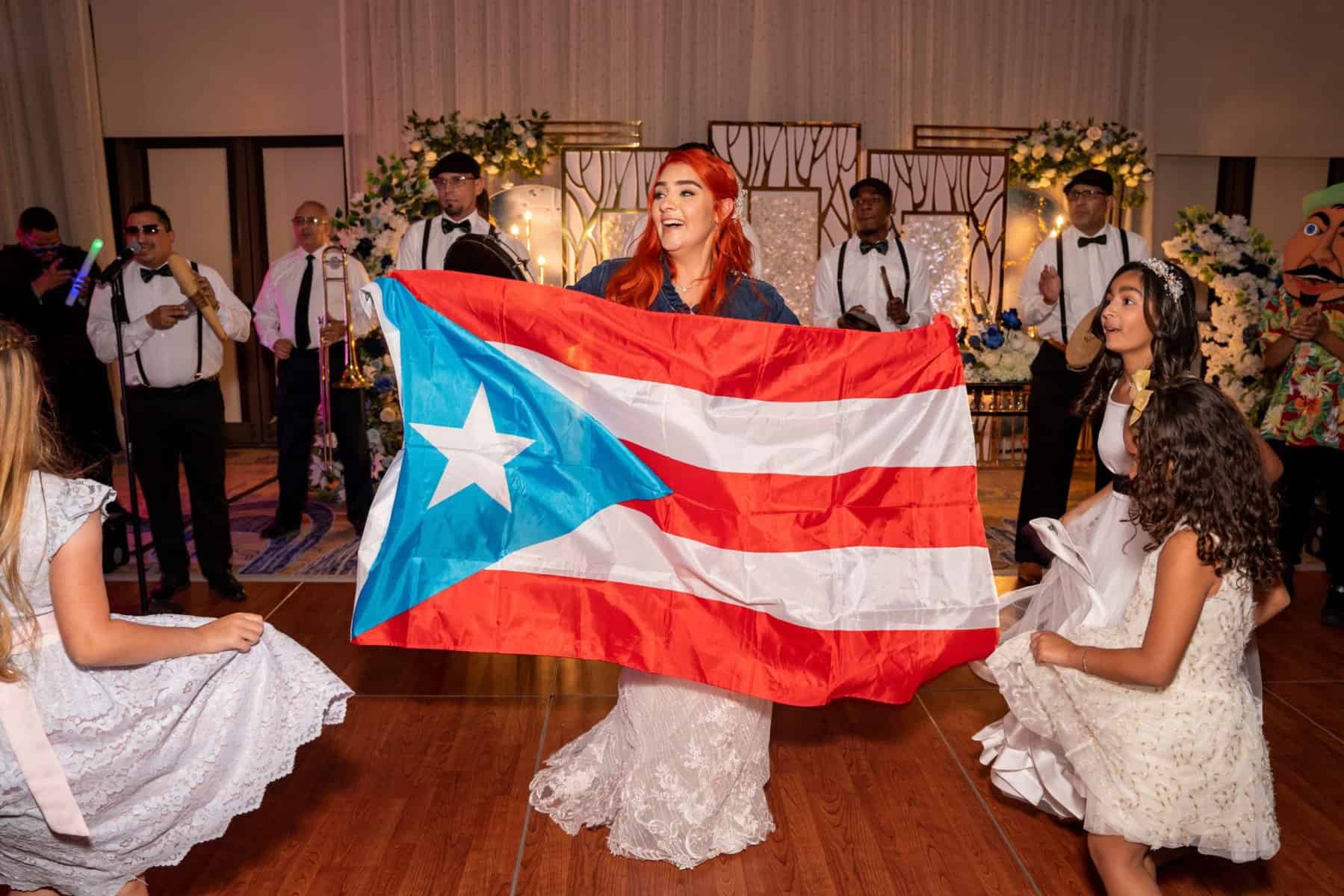 Bride holding Puerto Rican flag
