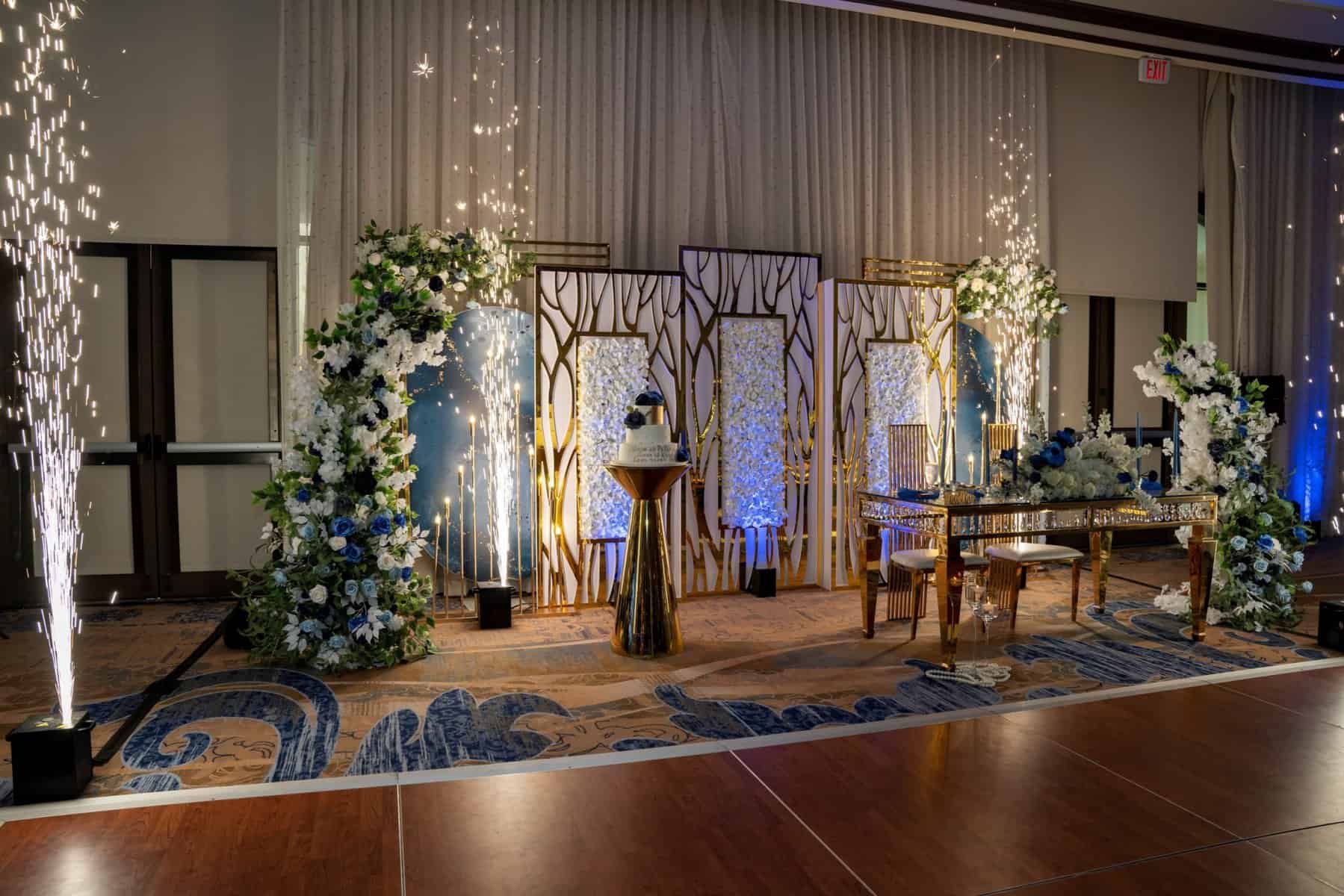 Blue and gold wedding reception at Wyndham Grand Orlando Resort Bonnet Creek