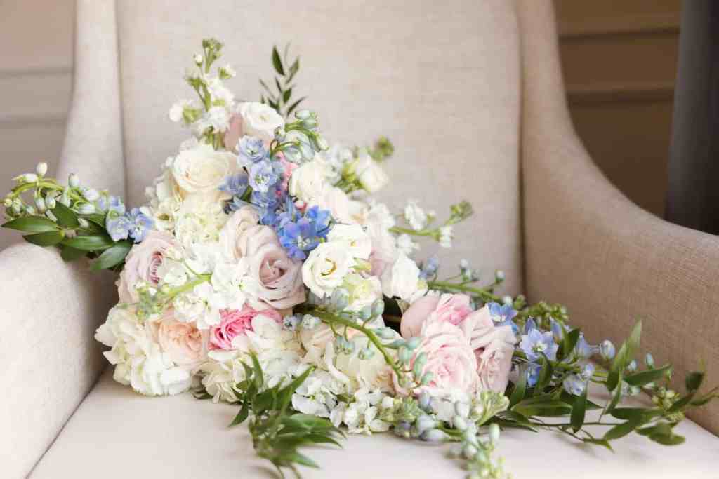 Blush, white, and blue bridal bouquet