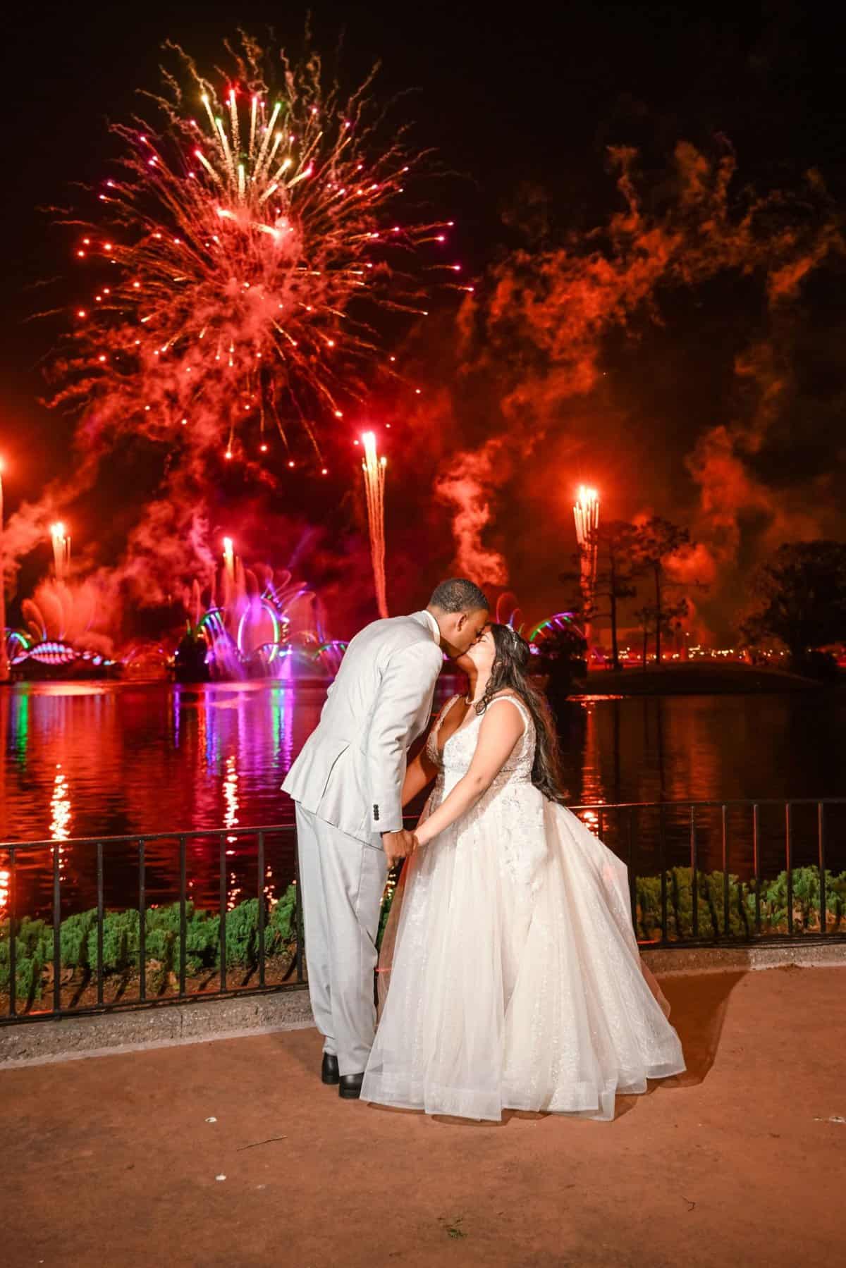 Disney wedding bride and groom portraits with fireworks