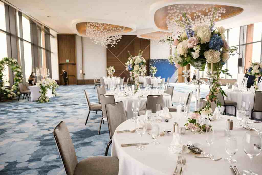 Blush pink and soft blue wedding reception at the WDW Swan Reserve Vue Ballroom