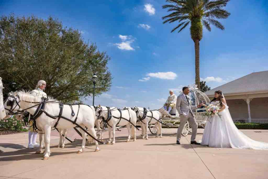 Bride and groom portraits with Cinderella's horse-drawn carriage