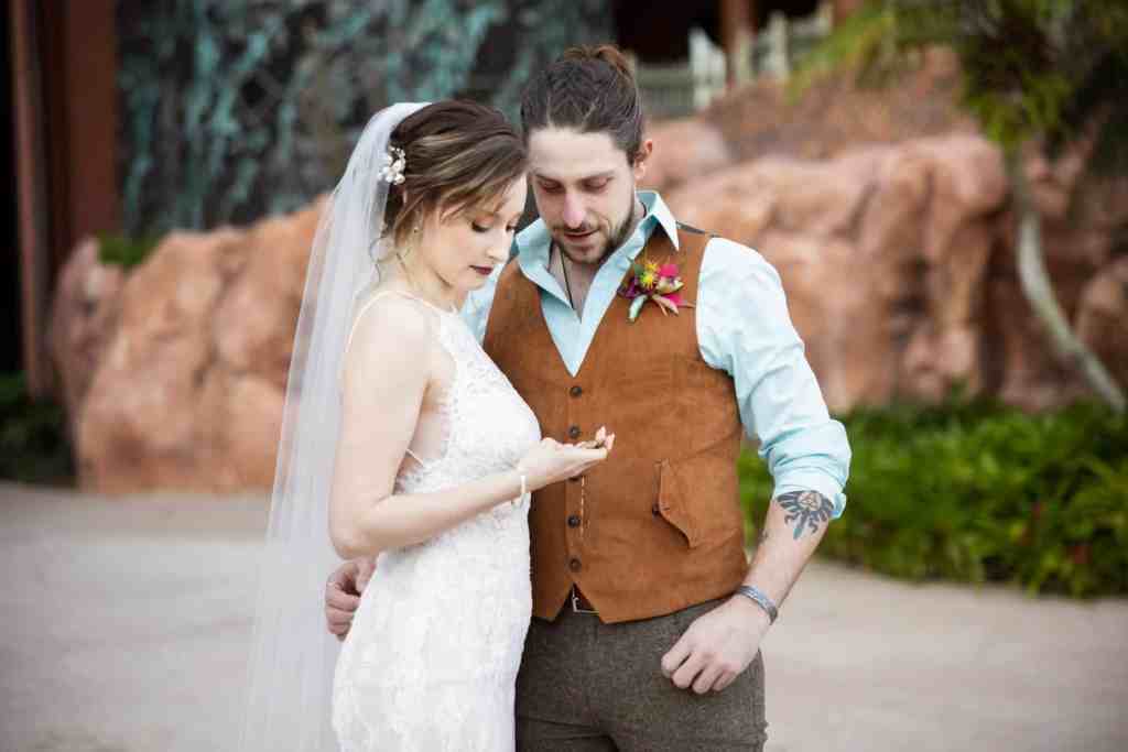 Bride and groom portraits at Paradise Cove in Disney Springs Orlando