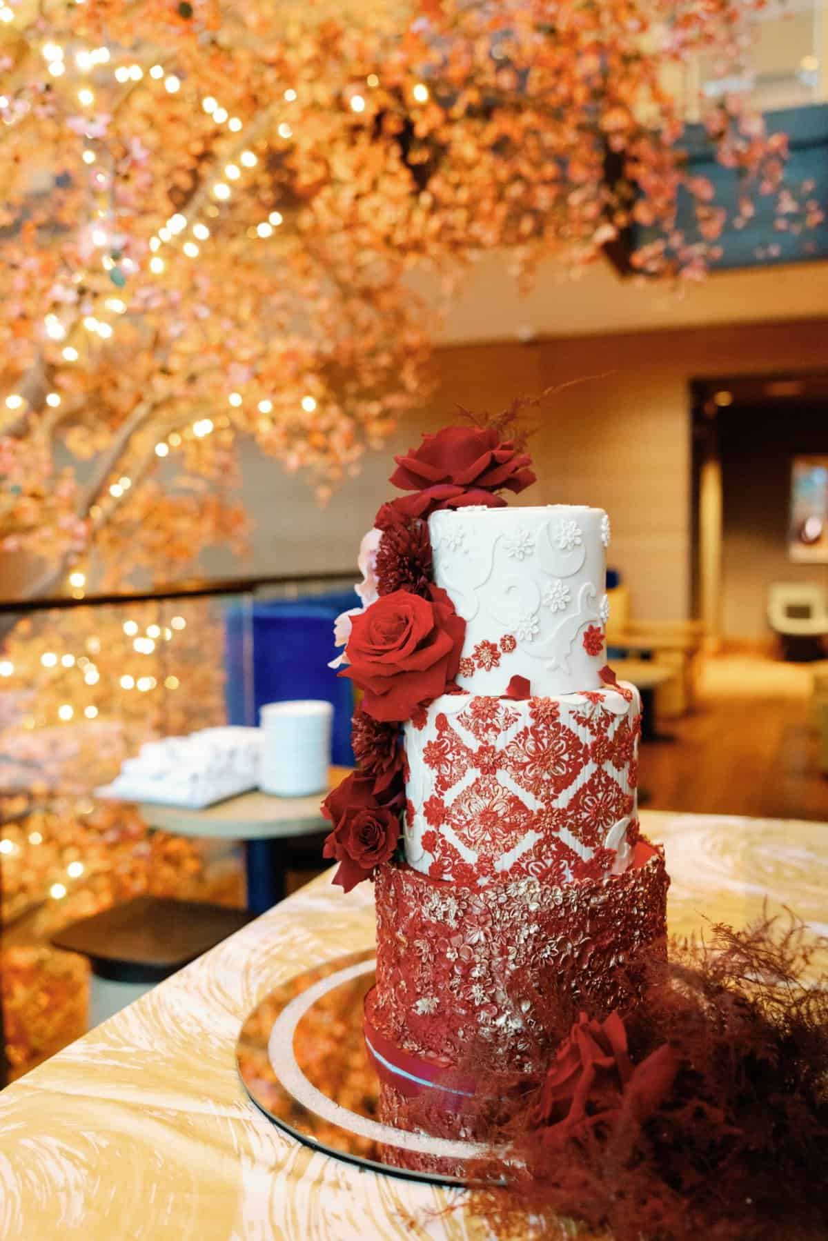 Red and white three-tiered birthday cake