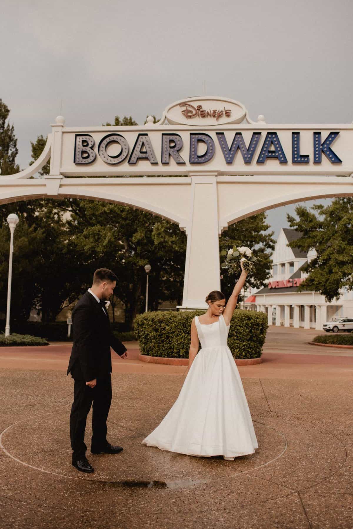 Bride and groom portraits at Disney Springs
