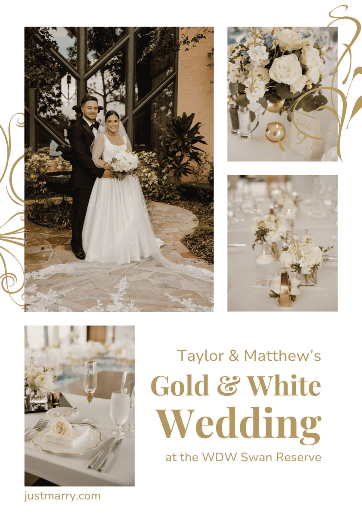 Gold and white wedding Pinterest graphic for a wedding at the WDW Swan Reserve