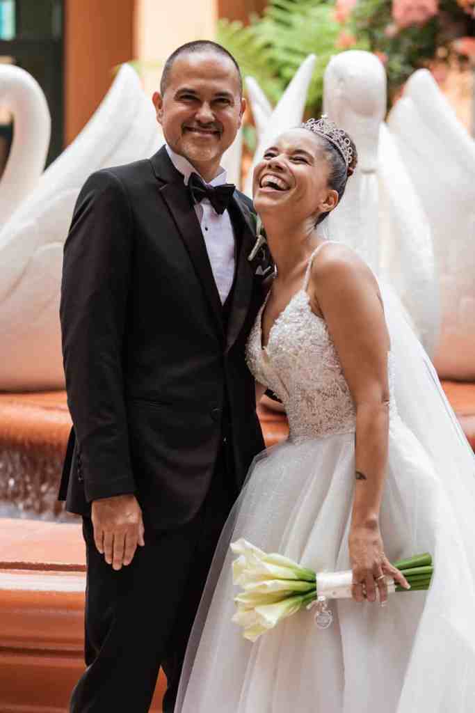 Bride and groom portraits around the WDW Swan and Dolphin Resort
