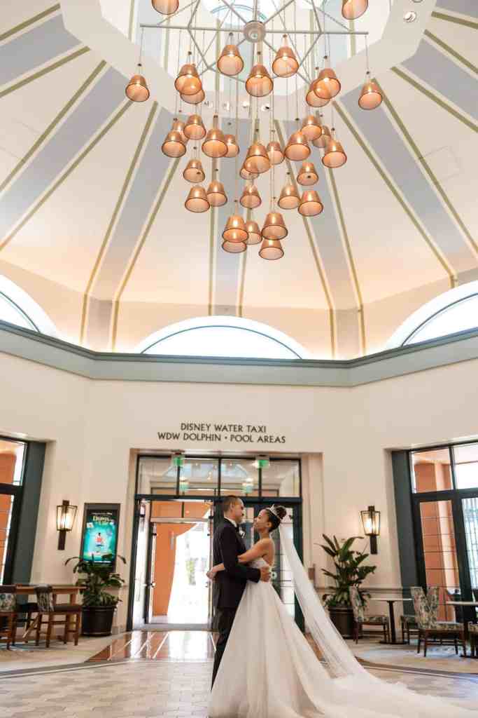 Bride and groom portraits around the WDW Swan and Dolphin Resort