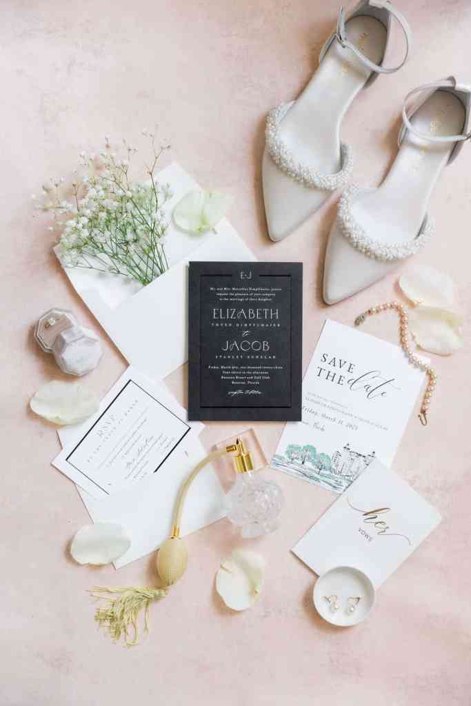 Wedding stationery and details flat lay