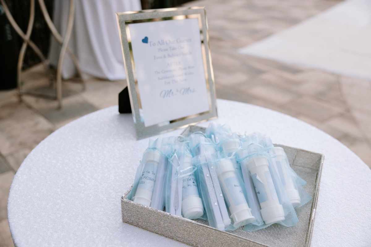 Bubble wands wrapped in blue tulle