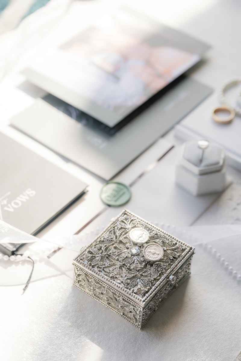Green and white stationery flat lay