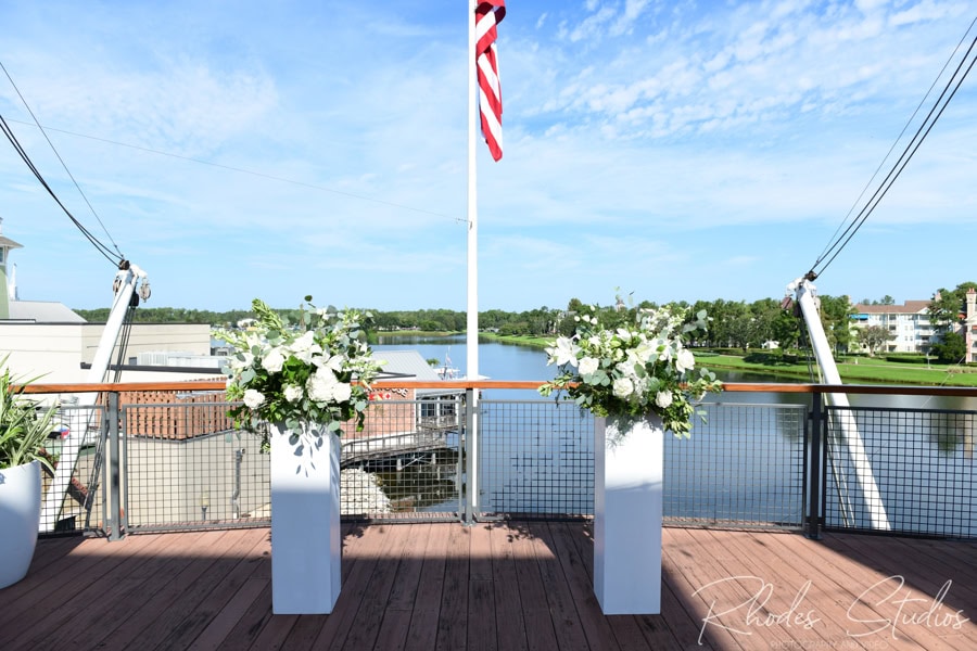 Pedestals topped with blue and white floral