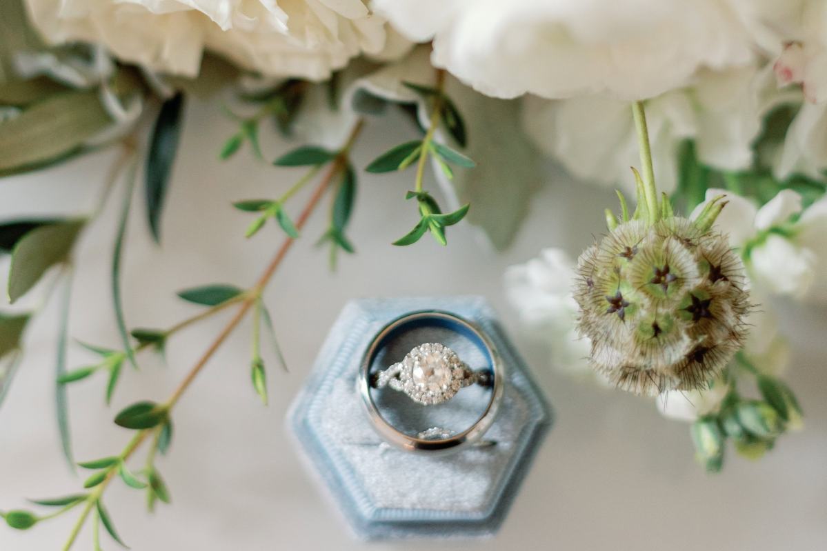 Wedding rings in a blue ring box with floral