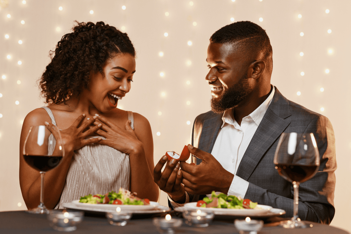 Man proposing to a woman as they eat dinner