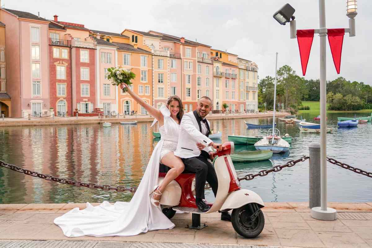 Bride and groom portraits around the Loews Portofino Bay Hotel