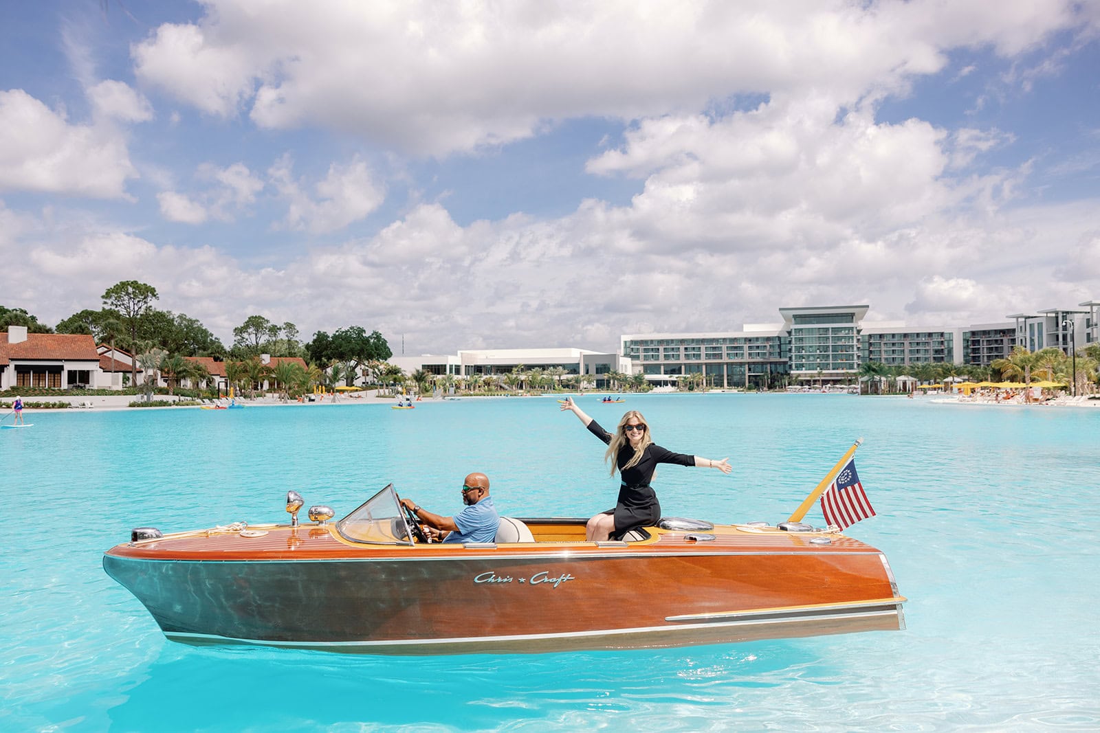 Evermore Orlando Resort Chris-Craft Boat on the lagoon
