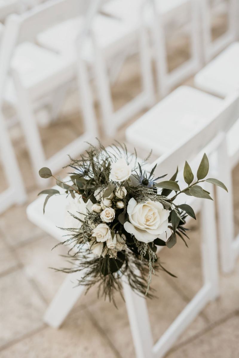 White and dusty blue eremony aisle chair floral