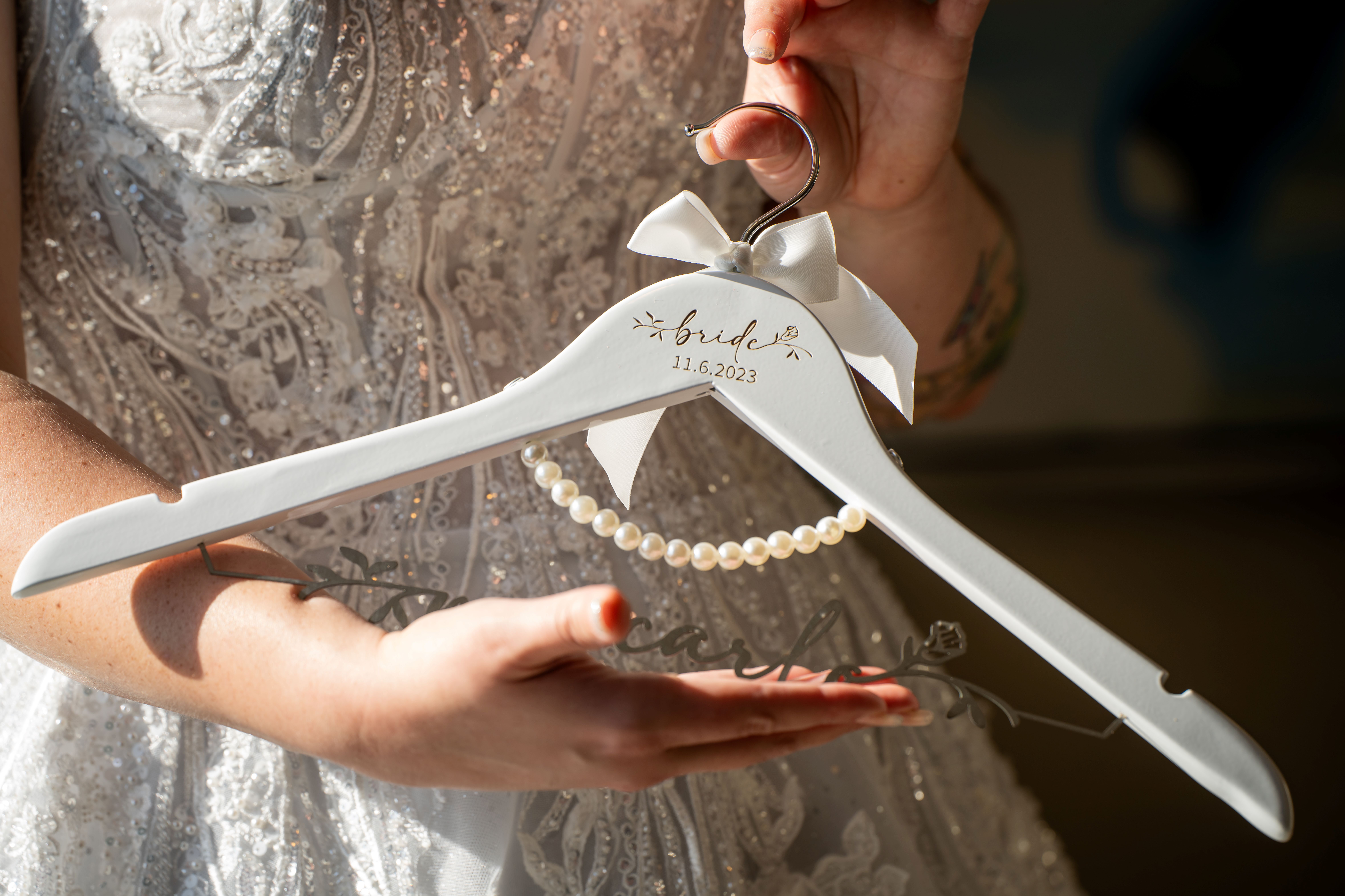 Personalized wedding gown hanger