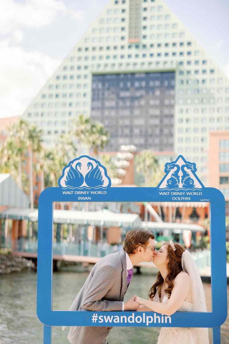 Bride and groom portraits around the WDW Swan and Dolphin Resort