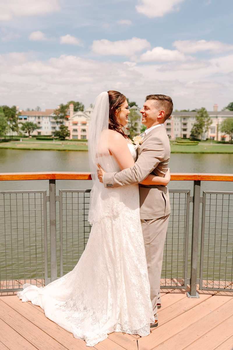 Bride and groom portraits around Paddlefish Disney Springs