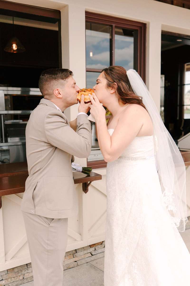 Bride and groom portraits around Paddlefish Disney Springs