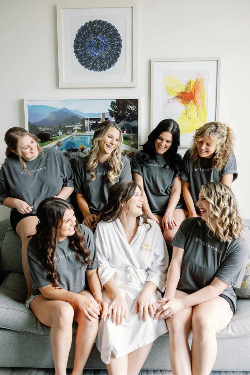 Bride and her bridesmaids getting ready shots