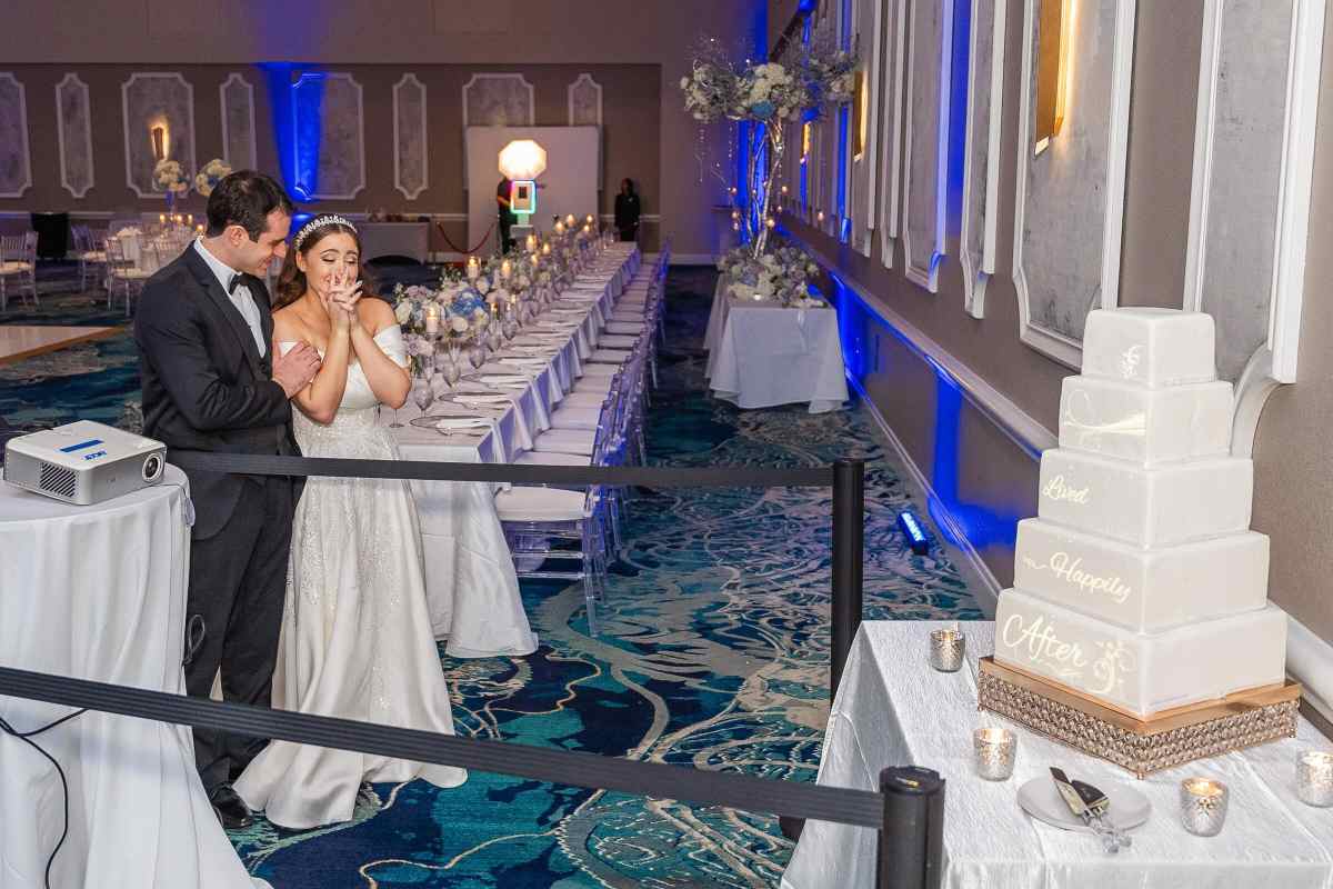 Bride and groom seeing their surprise projection wedding cake