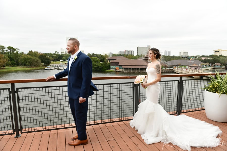 Bride and groom first look on Paddlefish's bow