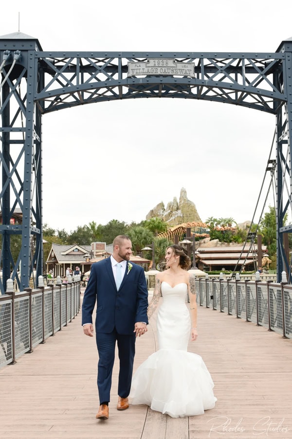 Bride and groom portraits around Disney Springs