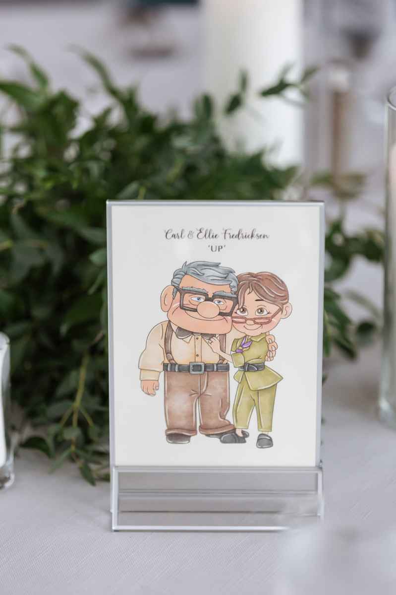 Disney themed table sign featuring UP