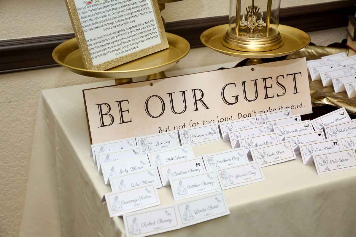 Reception escort card table with Be Our Guest sign