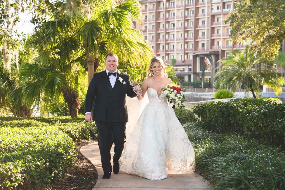 Bride and groom walking